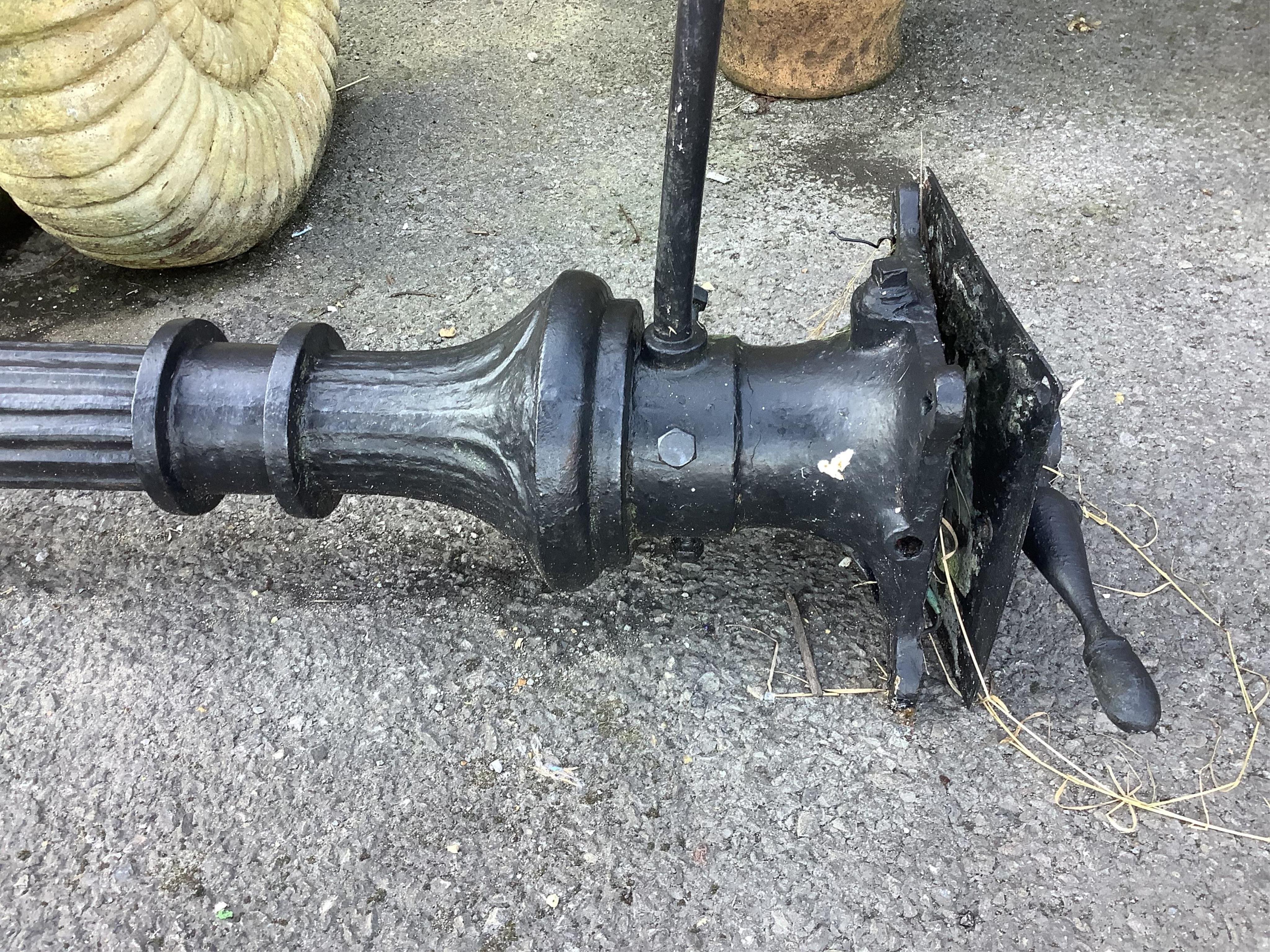 A Victorian style black painted cast iron street lamp, height including base 360cm. Condition - fair